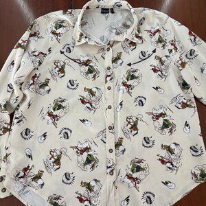 Cruel denim wester print button down top